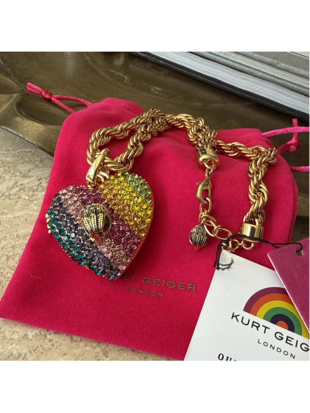KURT GEIGER London Crystal Heart XL Locket Necklace Rainbow Eagle Head $198